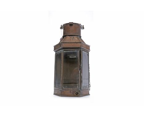 EARLY 20TH CENUTRY COPPER LAMP BY BULPITT AND SONS.three glass panes to front, impressed makers mark, Birmingham, 1916, 50cm 