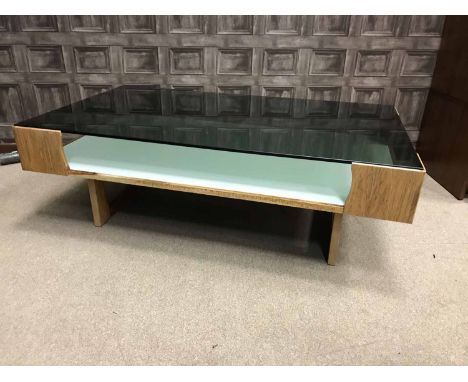 ROSEWOOD OBLONG COFFEE TABLE by Robert Heritage for Archie Shine, the smoked glass top supported by end corner brackets, with