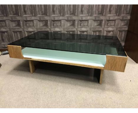 ROSEWOOD OBLONG COFFEE TABLE by Robert Heritage for Archis Shine, the smoked blass top supported by end corner brackets, with