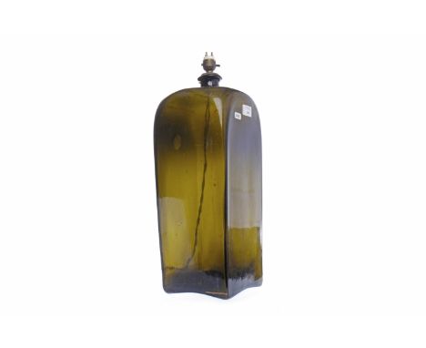 LATE GEORGE III LARGE GREEN GLASS GIN BOTTLE of square tapering form, adapted as a lamp