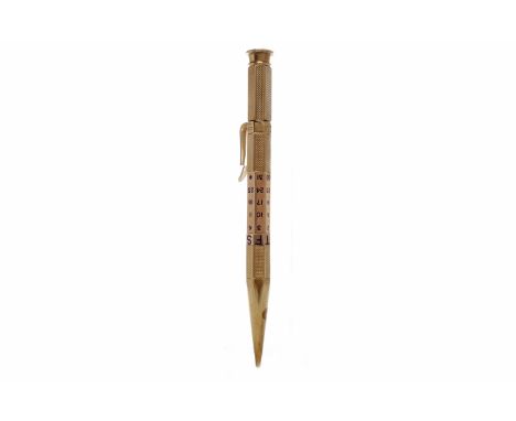MORDAN 9 CARAT GOLD 'EVERPOINT' PROPELLING PENCILRd. 683188 marked to clip, the engine turned barrel with blue enamel calenda