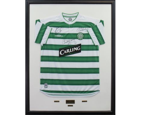 'LEGENDARY STRIKERS' AUTOGRAPHED CELTIC FOOTBALL CLUB JERSEYsigned by Kenny Dalglish, Charlie Nicholas, and Henrik Larsson, t