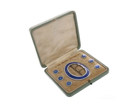 SIX SILVER AND GUILLOCHE ENAMEL BUTTONS AND BUCKLE SETmaker J. Aitken & Son, Birmingham 1911, of circular form in sky blue an