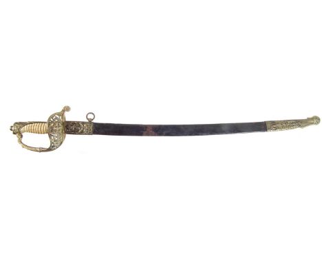 Dutch pattern 1843 Naval sword and scabbard, with pierced brass guard, ivory handle and leather scabbard lacking on hanging r