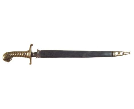 German 1892 Lion Head Artillery Short Sword and scabbard, by Lowenkopf, marked 'L' for Ludwig, date letter 92, the cross guar