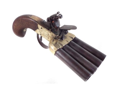 Rare Flintlock Duck's Foot pistol by Forth of York, with four 3 inch turn off barrels each numbered with corresponding number