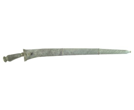 Malaysian Kris and scabbard, the shaped fullered blade fitted into embossed silver plated mounts and scabbard.73cm long 