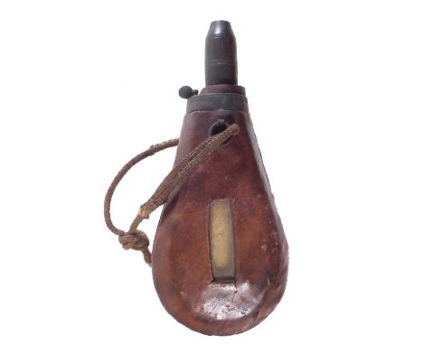 Rare priming flask made for the Rifle Corps of the Percy Tenantry, marked with a crescent and A60, leather sides with window.