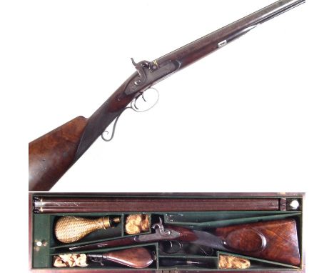 Holmes of Liverpool 16 bore percussion double barrel sporting gun, with 28 inch damascus barrels decorated with floral device