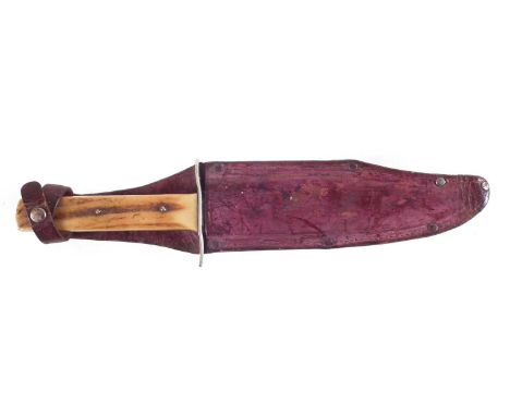 Original Bowie Knife, 7 inch blade with horn grips and leather scabbard.