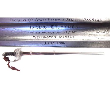 Staffordshire Regiment presentation sword, with steel scabbard and leather scabbard, the blade inscribed 'From W. O's Staff S