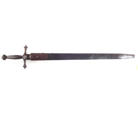 Victorian Gothic short sword and scabbard, possibly for ceremonial use of a secret society, with double-edged blade, all stee