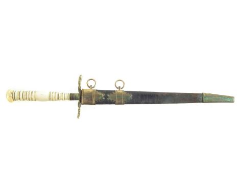 Midshipman’s Dirk, probably Royal Navy with turned ivory grip, double edge tapering blade, gilt metal mounts and leather scab