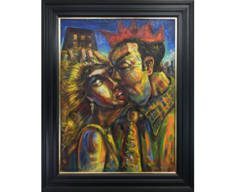 * PETER HOWSON OBE (SCOTTISH b 1958), THE KISS oil on canvas, signed, further signed and titled verso 122cm x 92cm Framed Not