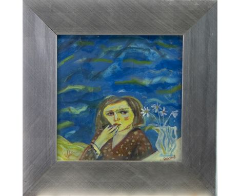 * JOYCE W CAIRNS PRSA HRA HRHA HRWA HRBA RSW MA (RCA) (SCOTTISH b 1947 - ), BLOWING A KISS oil on panel, signed 19cm x 19cm F