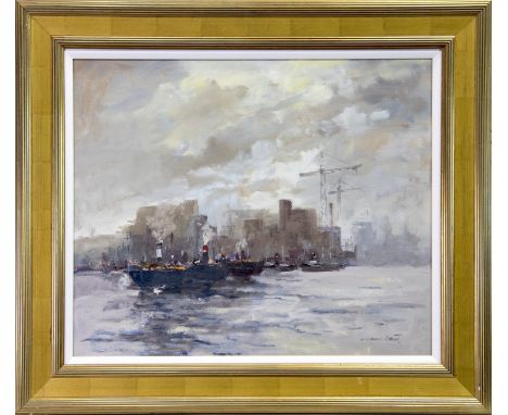 * WILLIAM NORMAN GAUNT (BRITISH 1918 - 2001), BOATS ON THE CLYDE oil on board, signed, titled verso 51cm x 61cm Framed Proven