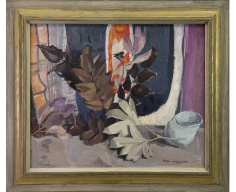 * NONI MCCRONE (SCOTTISH), BROWN LEAVES oil on board, singed, titled verso 50cm x 60cm Framed Handwritten artist's label vers