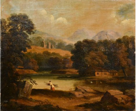 ENGLISH SCHOOL (18th/19th century)Figure Gathering Faggots in a Highland LandscapeOil on canvas, framed.  60 x 50 cm.   CONDI