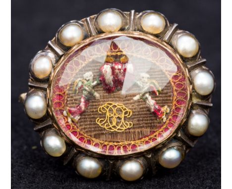 A rare 17th century enamel decorated pearl and Stuart Crystal set broochOf domed oval form centred with two cherubs, each hol