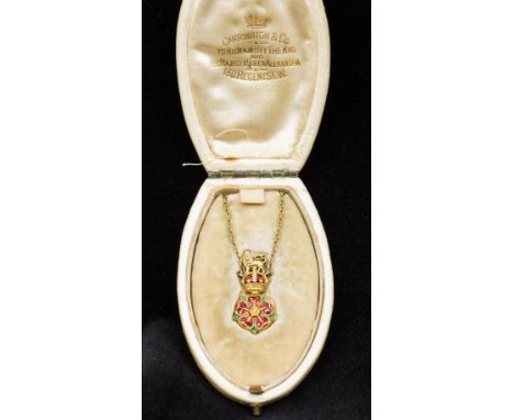 An Edwardian enamel decorated unmarked gold Regimental pendant on chainFormed as the crest of the Royal Lancashire Regiment, 