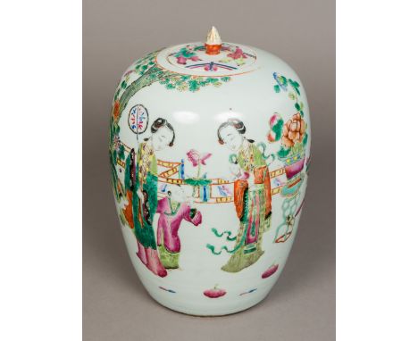 A late 19th/early 20th century Chinese famille rose porcelain vase and coverOf ovoid form decorated with ladies and children 