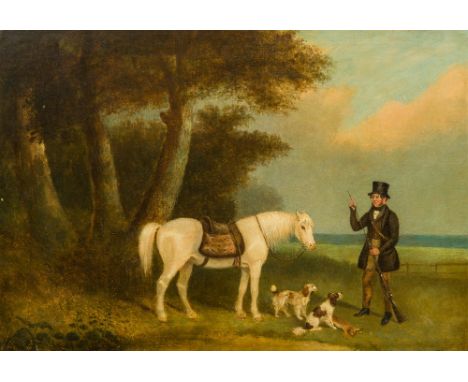 ENGLISH SCHOOL (19th century)Portrait of a Country Gentleman With His Mount and Gun Dogs, His Quarry at Their FeetOil on canv