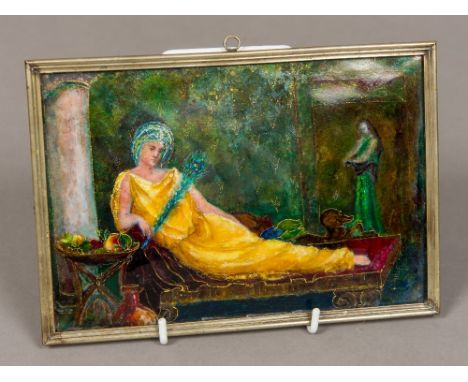 An Art Nouveau Limoges type enamel plaqueDepicting a reclining lady in classical dress before an attendant, framed.  20 x 14 