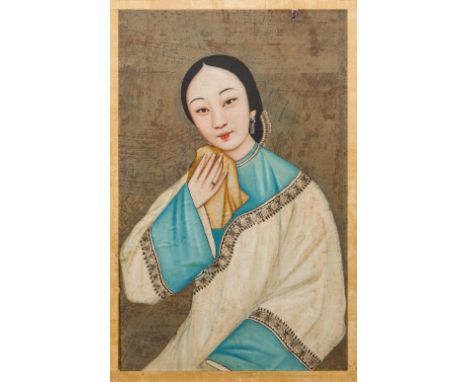 CHINESE SCHOOL (19th century)Portrait of a Court Beauty Wearing a Duck Egg Blue Banded TunicBodycolour on paper, framed.  39.
