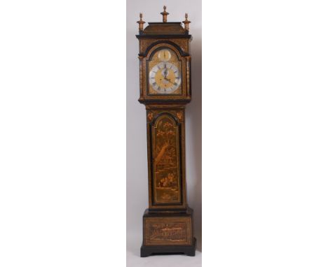 Joseph Stevens of Hampstead - early 18th century chinoiserie black lacquered longcase clock, the hood with caddy top and twin