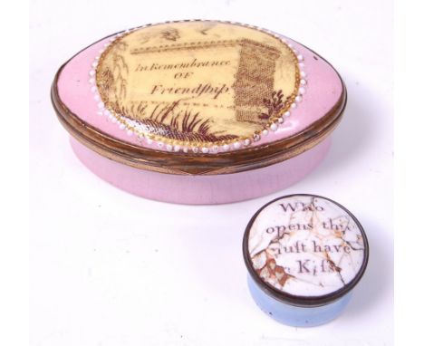 An early 19th century Bilston enamel patch-box, of oval form, the hinged lid decorated with a catacomb with the motto 'In Rem