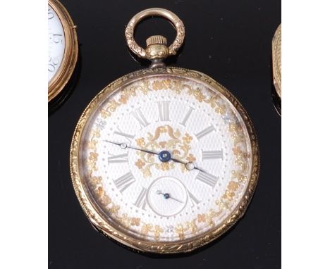 A circa 1900 continental 18ct gold cased open face pocket watch, having an engine turned silvered dial with raised Roman nume