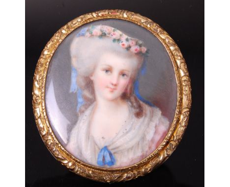 19th century English school - Bust portrait of a maiden, miniature watercolour on ivory, 6 x 5.2cm, in pinchbeck mount with p