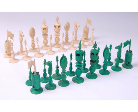 *A 19th century Indian carved ivory 'Pepys' style chess set, one side in stained green ivory and the other in natural ivory, 