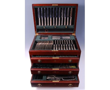 A Victorian part canteen of silver cutlery, in the Old English pattern, with crested terminals, comprising; 17 table forks, 1