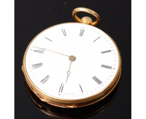 A Swiss 18ct gold cased gents open face pocket watch, having white enamel dial signed Moulinie Geneve, engine turned back cov