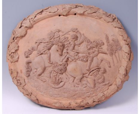 An Edward Bingham after Leonardo da Vinci earthenware portrait plaque, relief decorated with the Battle of The Standard, inci