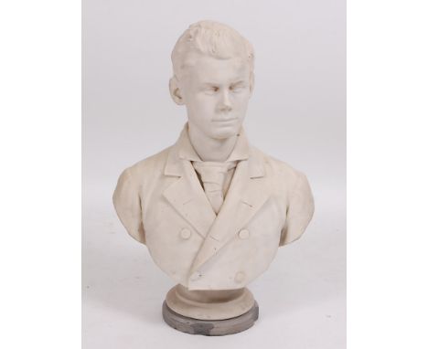 A Charles Calverley (American 1833-1914) carved marble head and shoulders portrait bust of a young man, in shirt, tie and bla