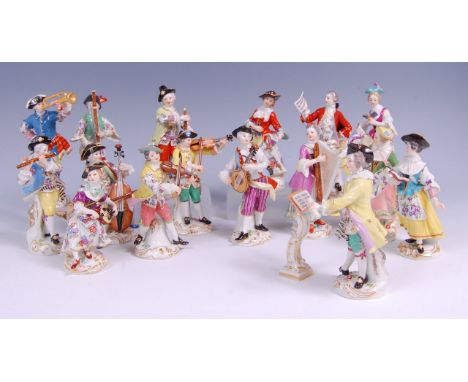 A Meissen porcelain Kapelle Gallant orchestra, comprising sixteen pieces as follows; the Conductor, the Flute Player, the Mal