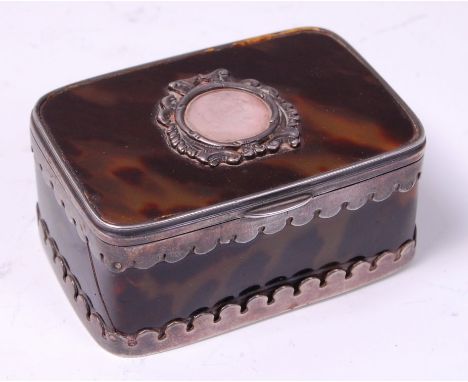 A late Victorian tortoiseshell and silver mounted table snuff-box, of rectangular form, the hinged lid with vacant cartouche,