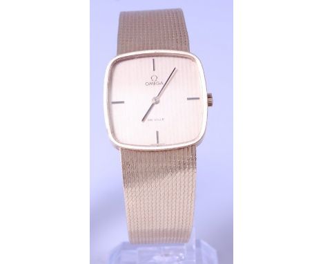 A gents Omega DeVille 18ct gold cased wristwatch, having signed two-tone square dial with rounded corners, quarter baton mark