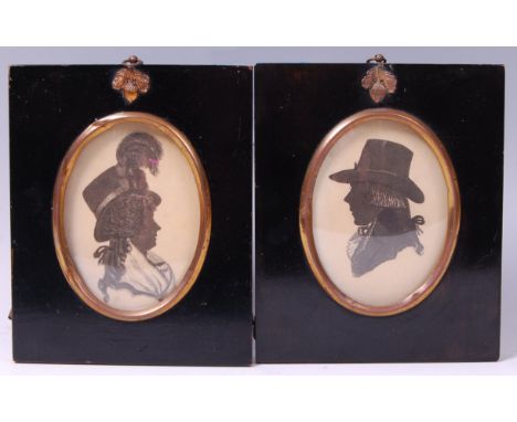 Late 18th century English school - Profile portrait of Mr & Mrs Thriscutt Fowey, silhouettes, each framed as ovals, 10 x 7.5c