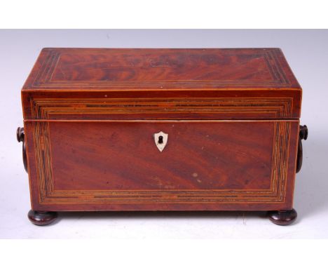 *A George III mahogany rosewood crossbanded and satinwood strung tea caddy, of rectangular form, the hinged lid opening to re