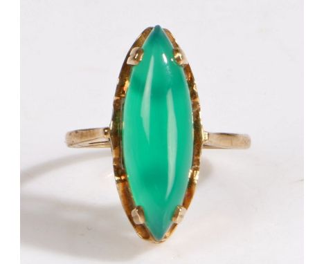 A 9 carat gold and jade ring, the head set with a thin elliptical jade stone, ring size L weight 3.2 grams&nbsp;