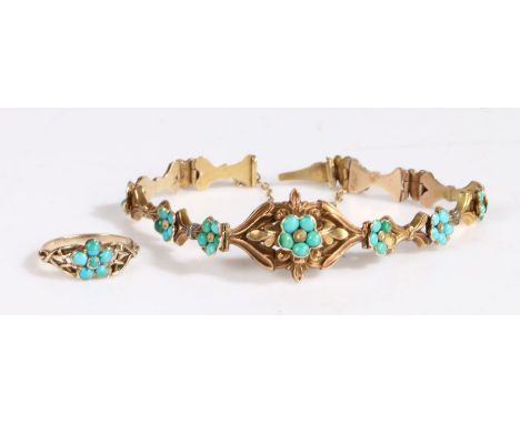 A Turquoise forget-me-not bracelet and ring set in yellow metal. The bracelet is comprised of a forget-me-not flower mounted 