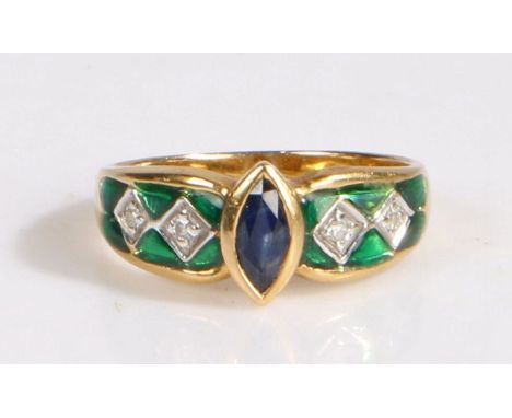 18 carat gold and enamel 'Harlequin' ring, having a marquise cut bezel set blue stone at the centre, with two small round cut