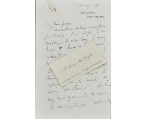 *James (Montague Rhodes, 1862-1936). Autograph letter initialled 'M.R.J.', The Lodge, Eton College, 30 September 1928,  to Gw