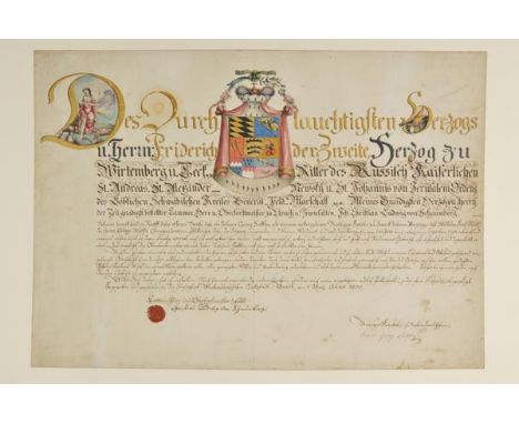 *German Heraldic Document. Illuminated manuscript with royal armorial, 1800,  signed Christian Ludwig von Schaumberg and Joha