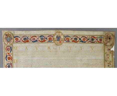 *Illuminated Manuscript. Papal manuscript, first half 17th century,  brown ink on vellum, heightened with gilt, decorative bo