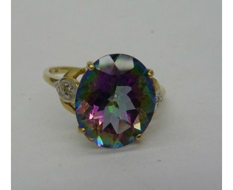 A 9ct gold, mystic topaz and diamond ring, weight 2.2g, size N