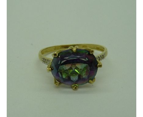 A 9ct gold, mystic topaz and diamond ring, weight 1.8g, size O